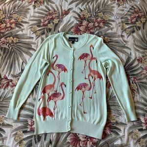 Mint green cardigan sweater w/ orange & pink flamingos & pink sequins size S